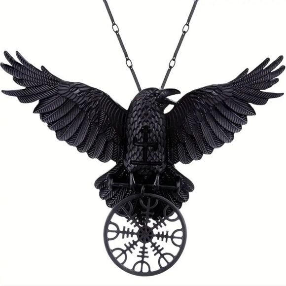 Black Raven Amulet Flying Viking Compass Crow Necklace - NEW - Picture 1 of 3